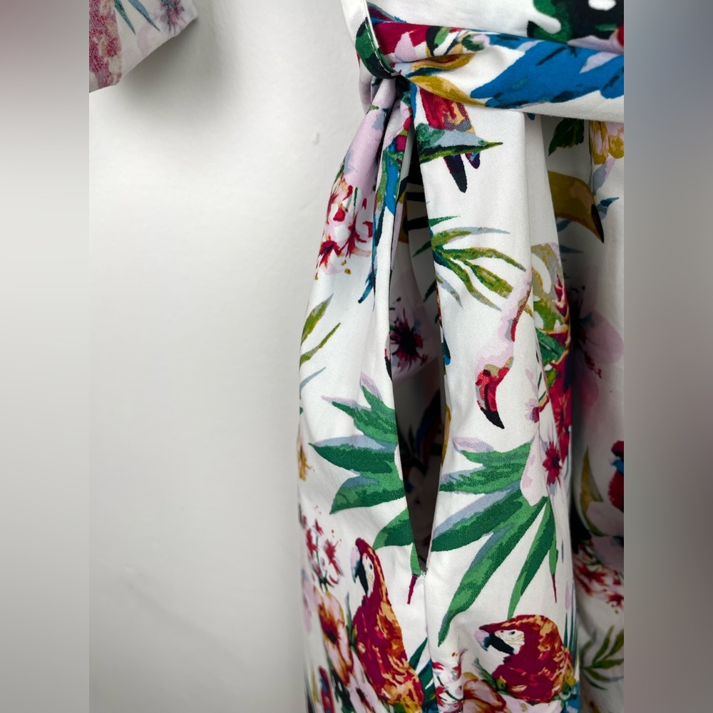 Per Una Parrot Print Belted Cotton Shirt Dress Long Midi UK 18 Roll Tab Sleeve - Picture 12 of 13